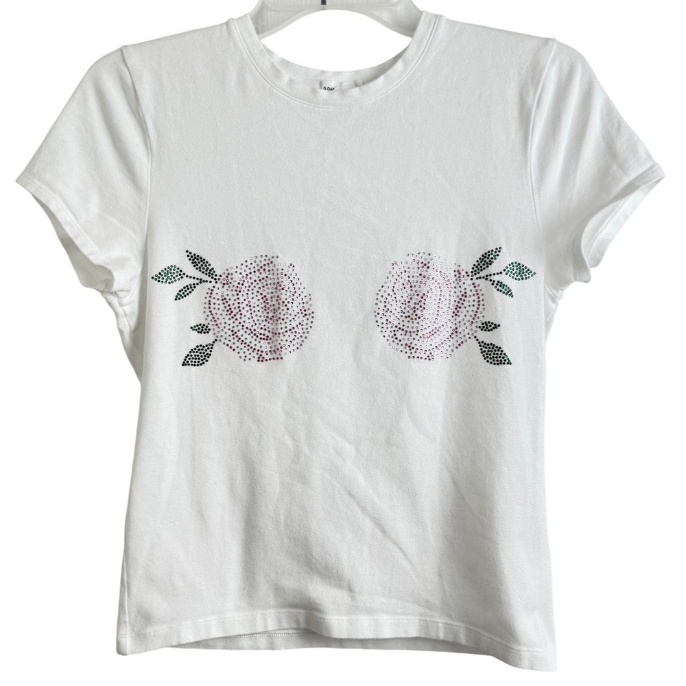 Good American Rhinestone Rose Tee White Graphic Y2K Coquette Cottagecore L
